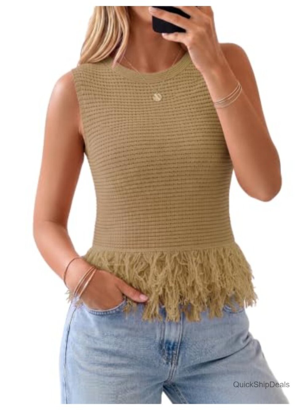 Sleeveless Crochet Knit Sweater Vest Fringe Hem Boho Tank Top